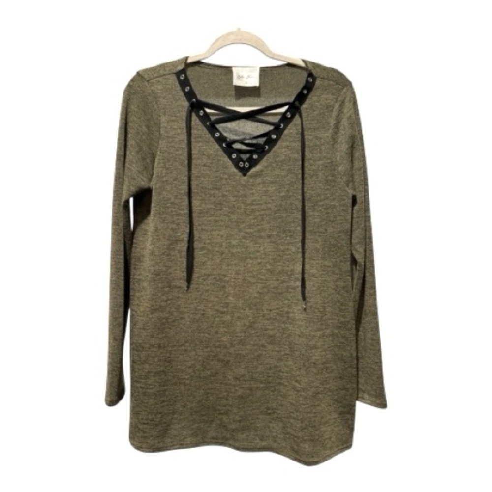 Ella Mara Anthropologie Olive Lace-Up Knit Sweater Size Small Boho Casual